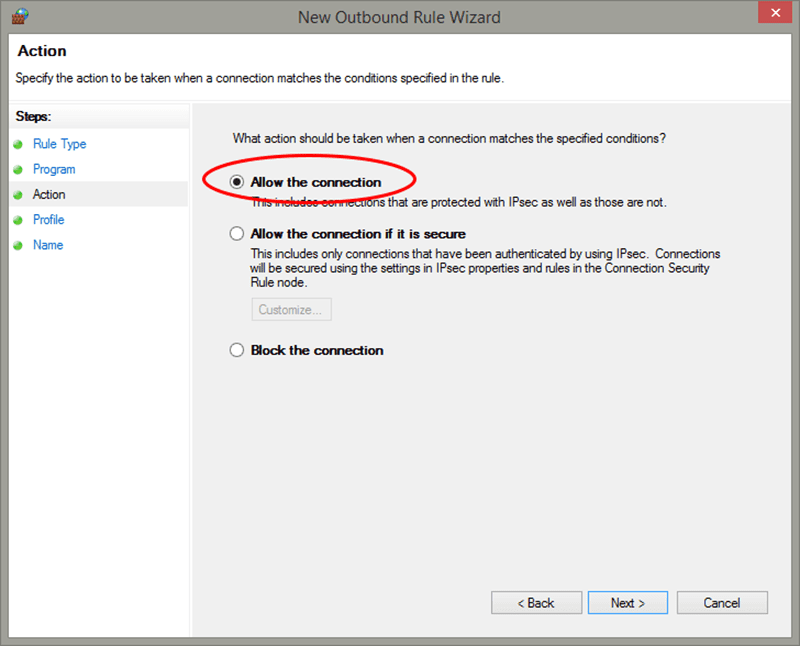 Allow connection windows setting