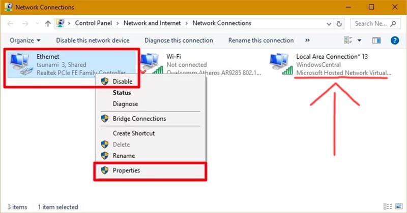 Network Connections Windows 10